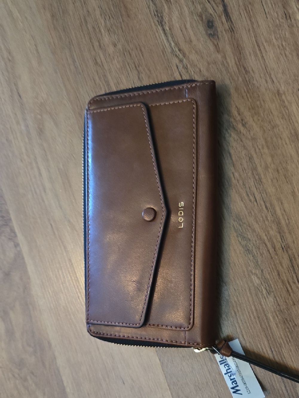 Lodis Brown Leather Envelope Zip Wallet with Snap Pocket